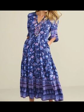 Soft Surroundings Women's Jordana Midi Dress XL Floral Boho Embroidered Paisley